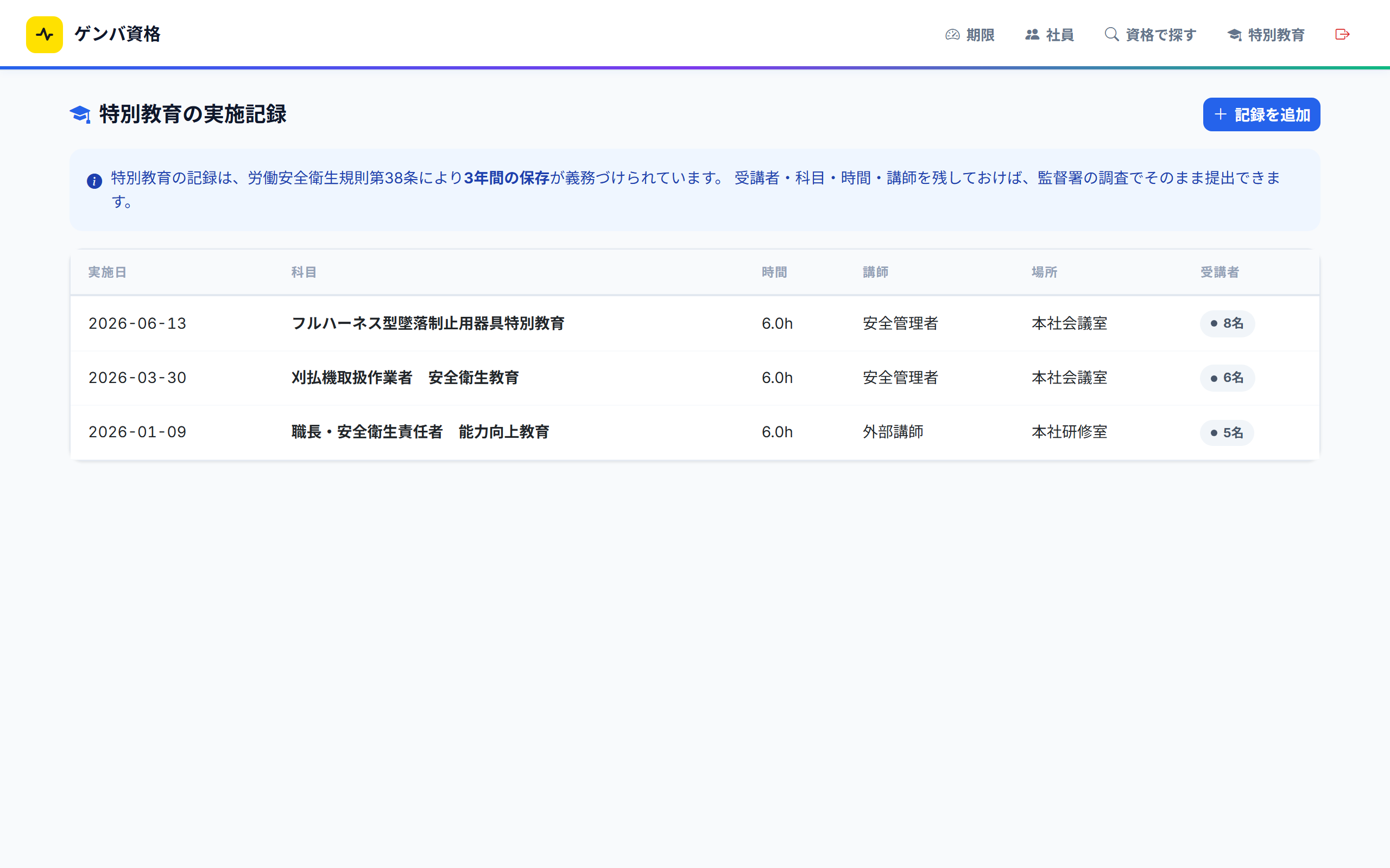 特別教育の実施記録一覧画面